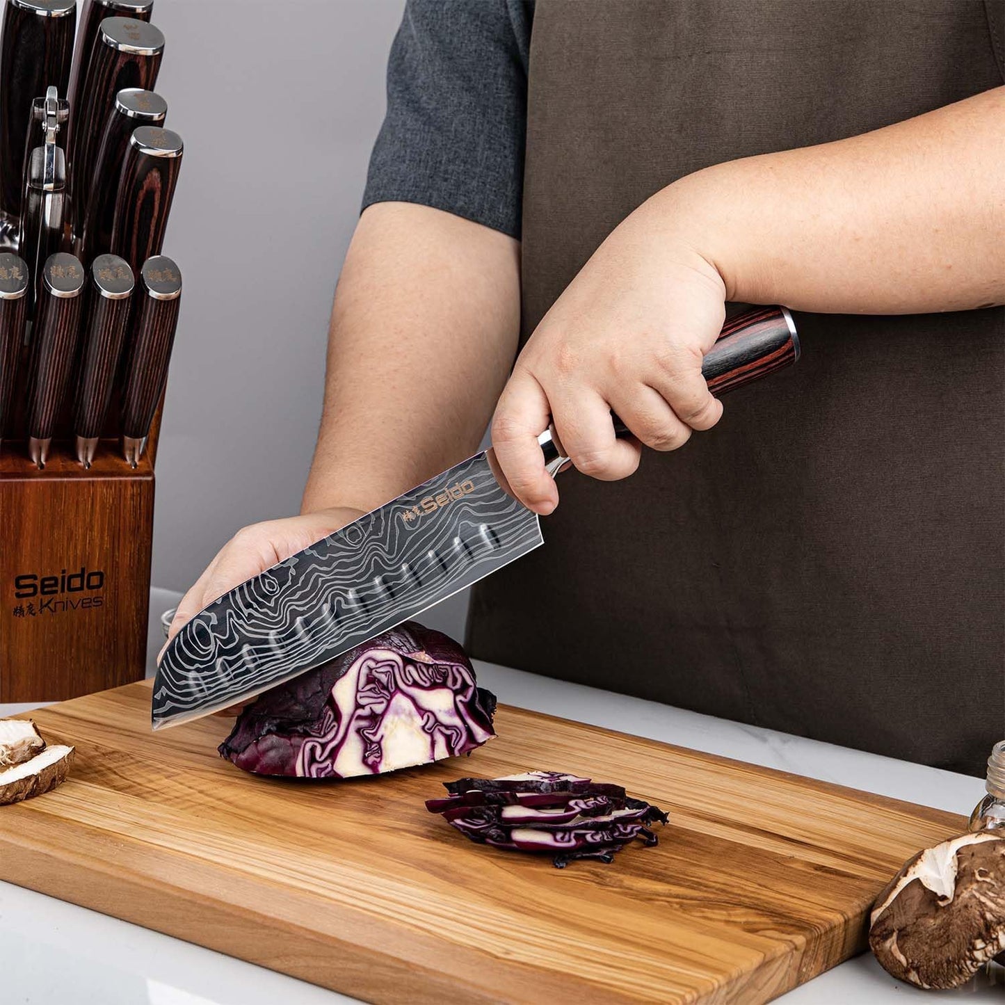 Seido 5-Piece Japanese Kitchen Knife Set, Damascus High Carbon Steel | Includes gyuto, santoku, nakiri, and paring knives for everyday chef prep and precise slicing