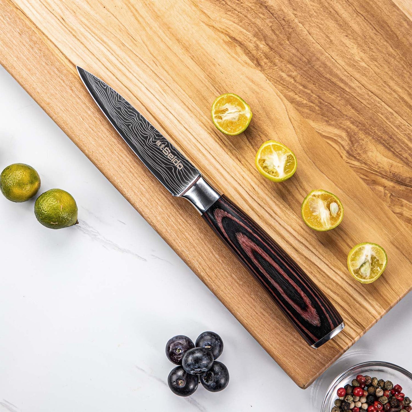 Seido 5-Piece Japanese Kitchen Knife Set, Damascus High Carbon Steel | Includes gyuto, santoku, nakiri, and paring knives for everyday chef prep and precise slicing