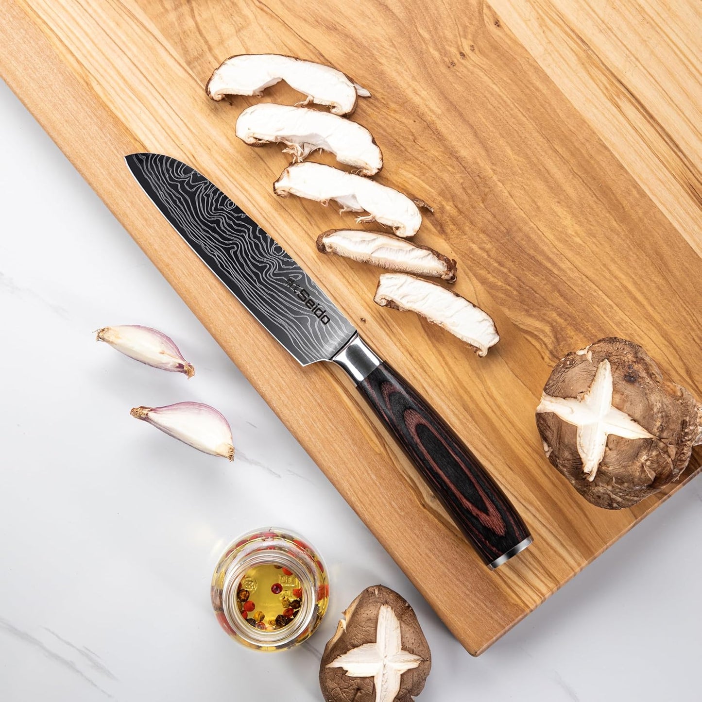 Seido 5-Piece Japanese Kitchen Knife Set, Damascus High Carbon Steel | Includes gyuto, santoku, nakiri, and paring knives for everyday chef prep and precise slicing