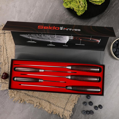 Seido 5-Piece Japanese Kitchen Knife Set, Damascus High Carbon Steel | Includes gyuto, santoku, nakiri, and paring knives for everyday chef prep and precise slicing