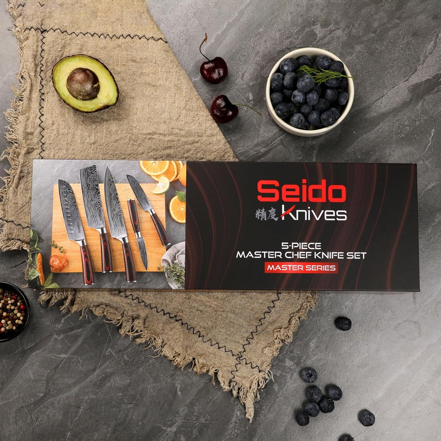 Seido 5-Piece Japanese Kitchen Knife Set, Damascus High Carbon Steel | Includes gyuto, santoku, nakiri, and paring knives for everyday chef prep and precise slicing