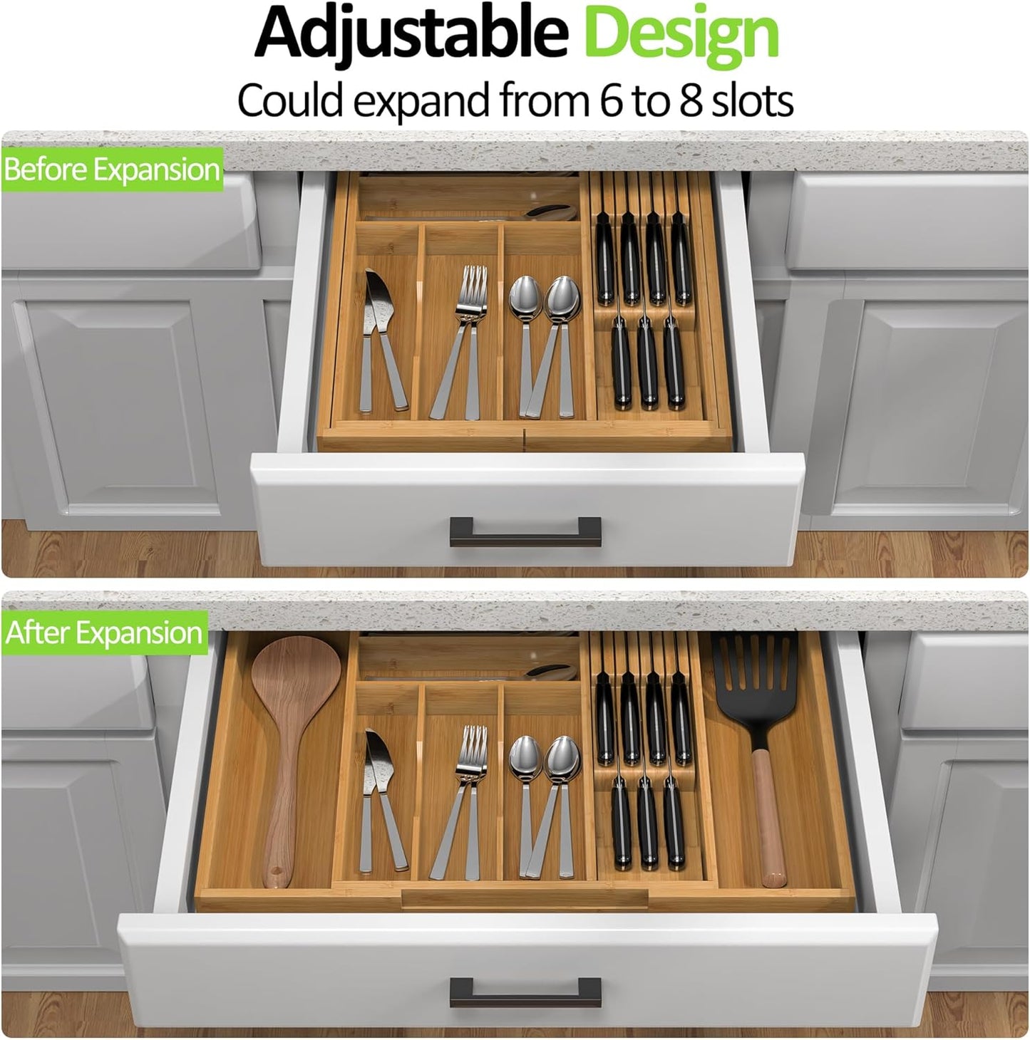 Bamboo Kitchen Drawer Organizer, Expandable Silverware Organizer with Removable Knife Block, 6-8 Slots- Utensil Holder & Cutlery Tray Drawer Dividers, 2.36" Deep for Extra Capacity, Natural