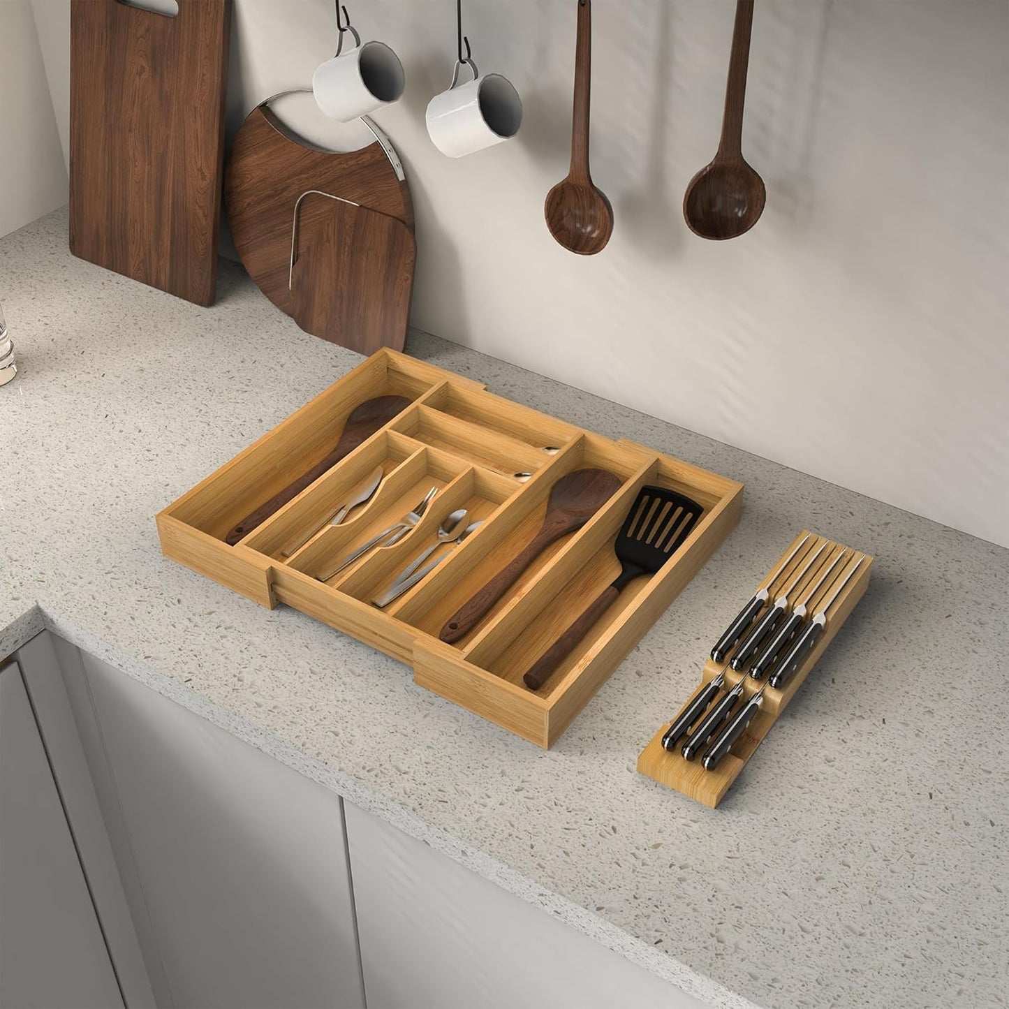 Bamboo Kitchen Drawer Organizer, Expandable Silverware Organizer with Removable Knife Block, 6-8 Slots- Utensil Holder & Cutlery Tray Drawer Dividers, 2.36" Deep for Extra Capacity, Natural