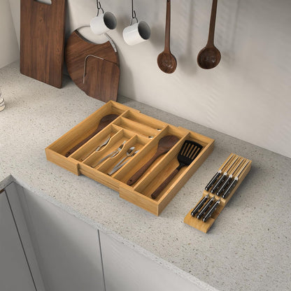 Bamboo Kitchen Drawer Organizer, Expandable Silverware Organizer with Removable Knife Block, 6-8 Slots- Utensil Holder & Cutlery Tray Drawer Dividers, 2.36" Deep for Extra Capacity, Natural