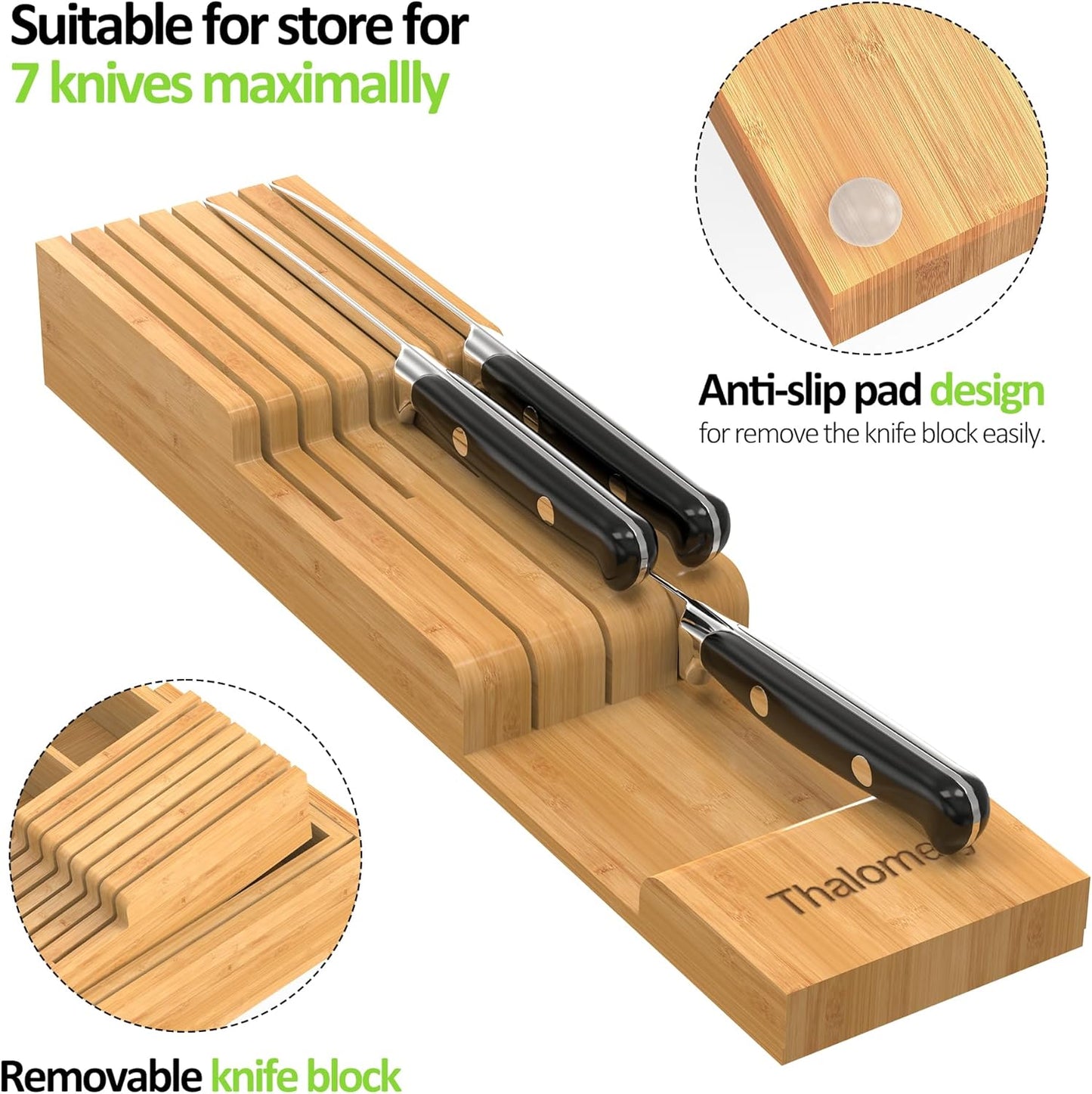 Bamboo Kitchen Drawer Organizer, Expandable Silverware Organizer with Removable Knife Block, 6-8 Slots- Utensil Holder & Cutlery Tray Drawer Dividers, 2.36" Deep for Extra Capacity, Natural