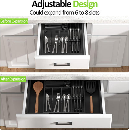Bamboo Kitchen Drawer Organizer, Expandable Silverware Organizer with Removable Knife Block, 6-8 Slots- Utensil Holder & Cutlery Tray Drawer Dividers, 2.36" Deep for Extra Capacity, Natural