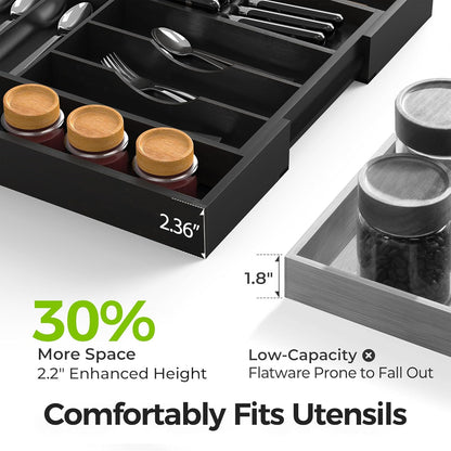 Bamboo Kitchen Drawer Organizer, Expandable Silverware Organizer with Removable Knife Block, 6-8 Slots- Utensil Holder & Cutlery Tray Drawer Dividers, 2.36" Deep for Extra Capacity, Natural