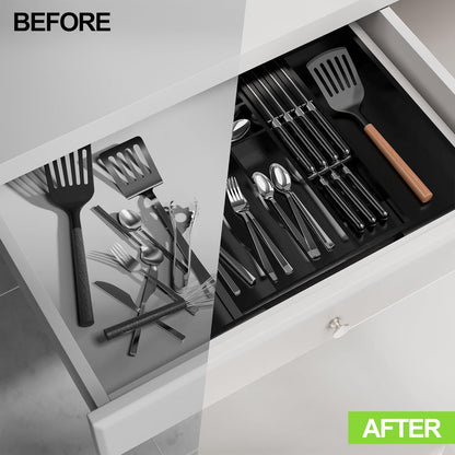 Bamboo Kitchen Drawer Organizer, Expandable Silverware Organizer with Removable Knife Block, 6-8 Slots- Utensil Holder & Cutlery Tray Drawer Dividers, 2.36" Deep for Extra Capacity, Natural