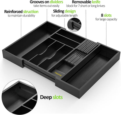 Bamboo Kitchen Drawer Organizer, Expandable Silverware Organizer with Removable Knife Block, 6-8 Slots- Utensil Holder & Cutlery Tray Drawer Dividers, 2.36" Deep for Extra Capacity, Natural