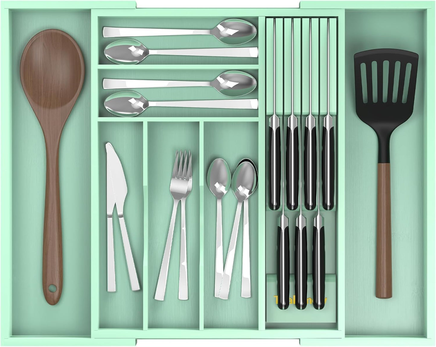 Bamboo Kitchen Drawer Organizer, Expandable Silverware Organizer with Removable Knife Block, 6-8 Slots- Utensil Holder & Cutlery Tray Drawer Dividers, 2.36" Deep for Extra Capacity, Natural