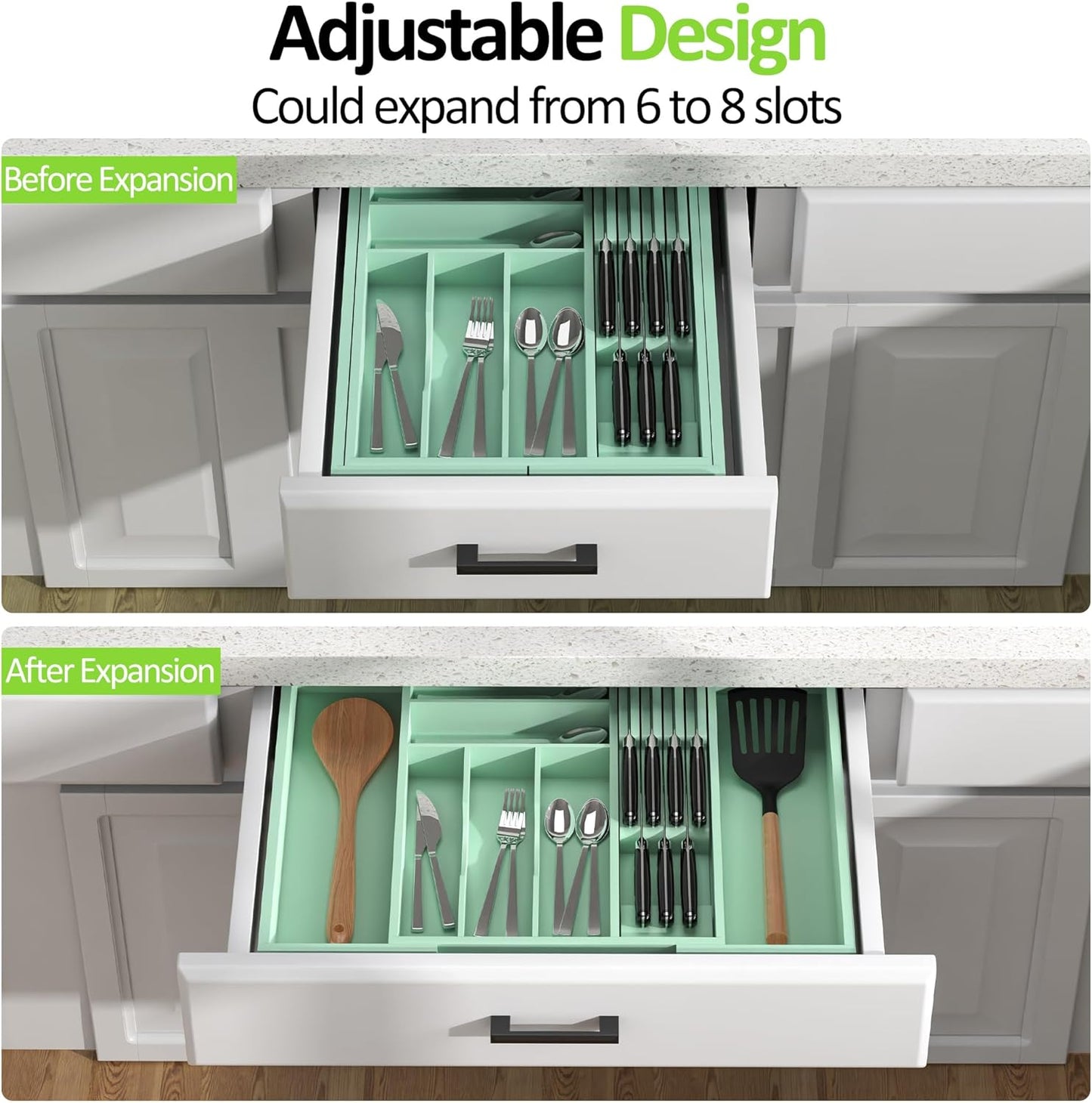 Bamboo Kitchen Drawer Organizer, Expandable Silverware Organizer with Removable Knife Block, 6-8 Slots- Utensil Holder & Cutlery Tray Drawer Dividers, 2.36" Deep for Extra Capacity, Natural