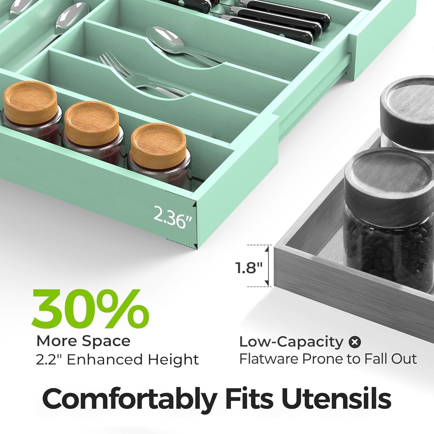 Bamboo Kitchen Drawer Organizer, Expandable Silverware Organizer with Removable Knife Block, 6-8 Slots- Utensil Holder & Cutlery Tray Drawer Dividers, 2.36" Deep for Extra Capacity, Natural