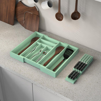 Bamboo Kitchen Drawer Organizer, Expandable Silverware Organizer with Removable Knife Block, 6-8 Slots- Utensil Holder & Cutlery Tray Drawer Dividers, 2.36" Deep for Extra Capacity, Natural