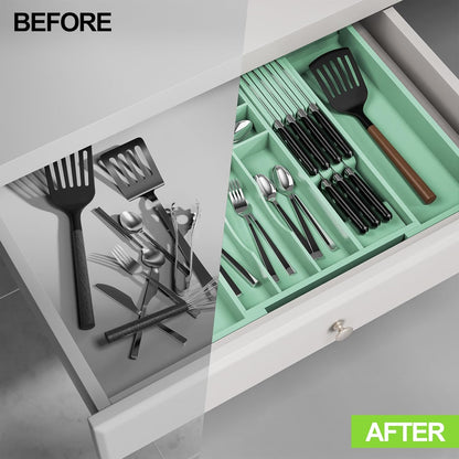 Bamboo Kitchen Drawer Organizer, Expandable Silverware Organizer with Removable Knife Block, 6-8 Slots- Utensil Holder & Cutlery Tray Drawer Dividers, 2.36" Deep for Extra Capacity, Natural
