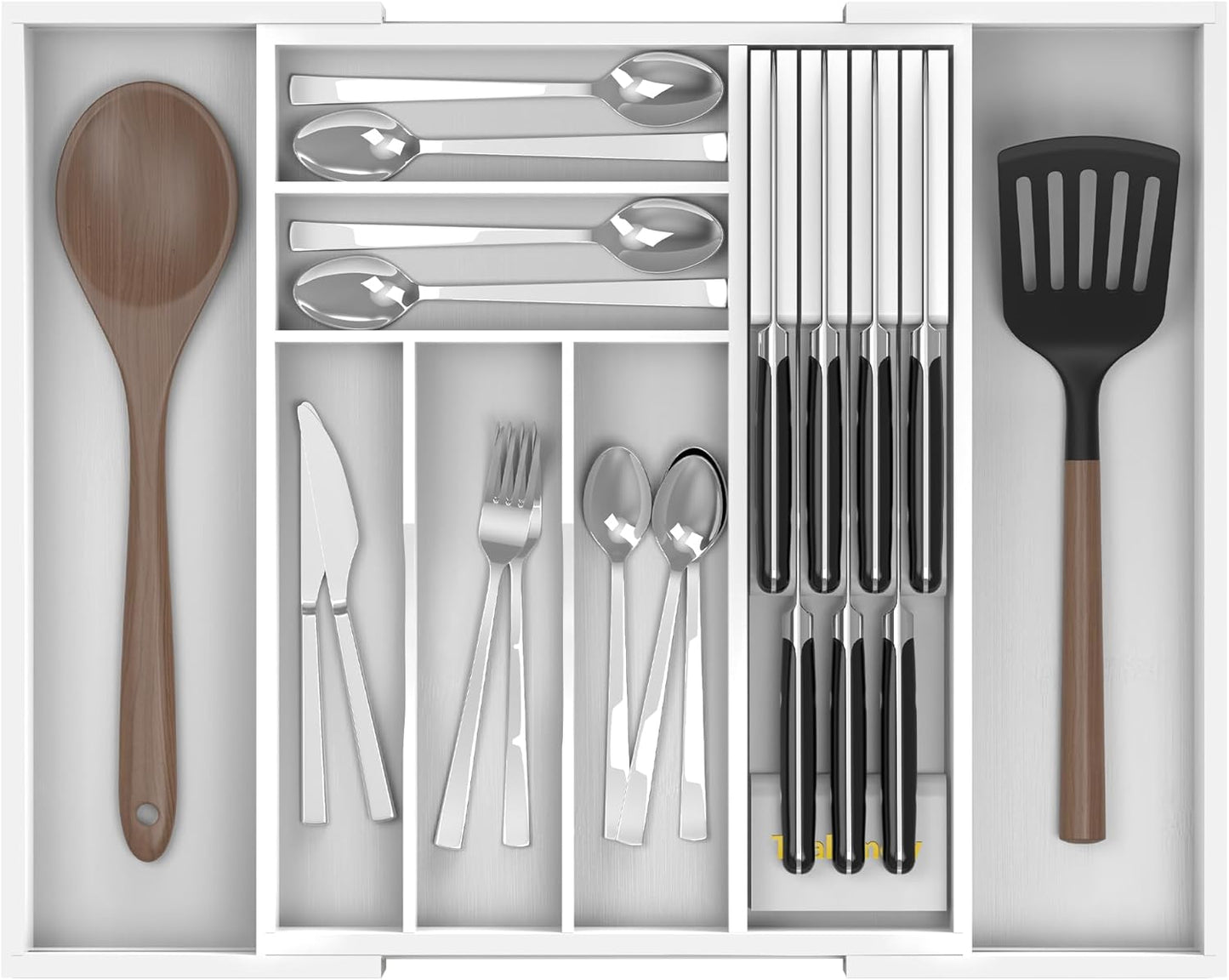 Bamboo Kitchen Drawer Organizer, Expandable Silverware Organizer with Removable Knife Block, 6-8 Slots- Utensil Holder & Cutlery Tray Drawer Dividers, 2.36" Deep for Extra Capacity, Natural