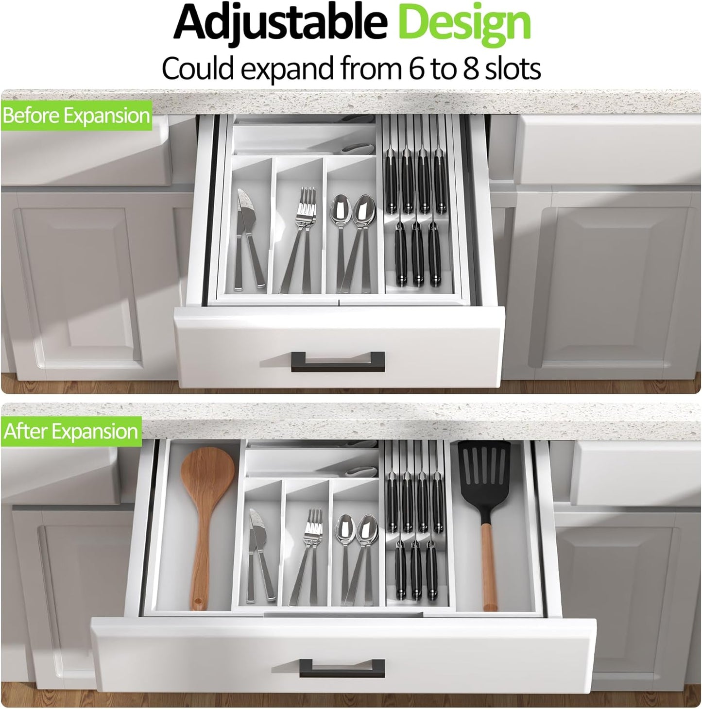 Bamboo Kitchen Drawer Organizer, Expandable Silverware Organizer with Removable Knife Block, 6-8 Slots- Utensil Holder & Cutlery Tray Drawer Dividers, 2.36" Deep for Extra Capacity, Natural