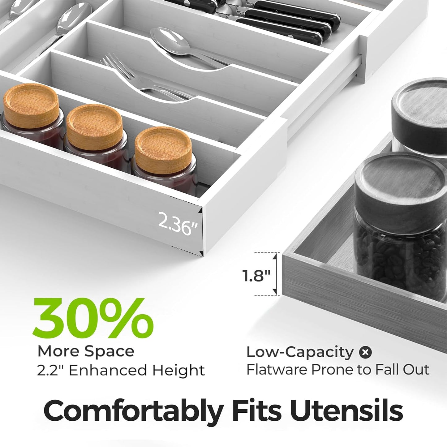 Bamboo Kitchen Drawer Organizer, Expandable Silverware Organizer with Removable Knife Block, 6-8 Slots- Utensil Holder & Cutlery Tray Drawer Dividers, 2.36" Deep for Extra Capacity, Natural