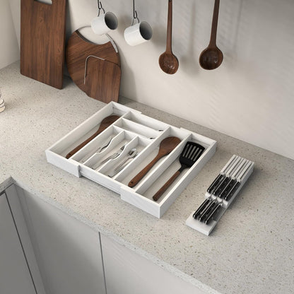 Bamboo Kitchen Drawer Organizer, Expandable Silverware Organizer with Removable Knife Block, 6-8 Slots- Utensil Holder & Cutlery Tray Drawer Dividers, 2.36" Deep for Extra Capacity, Natural