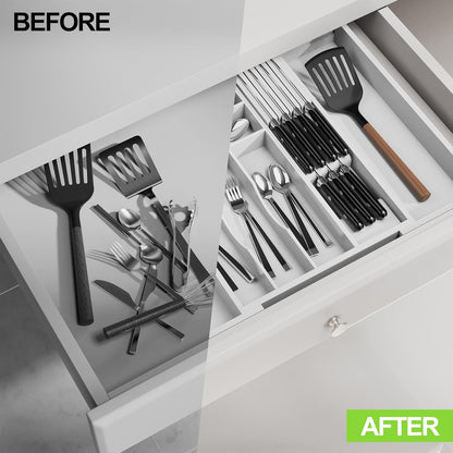 Bamboo Kitchen Drawer Organizer, Expandable Silverware Organizer with Removable Knife Block, 6-8 Slots- Utensil Holder & Cutlery Tray Drawer Dividers, 2.36" Deep for Extra Capacity, Natural