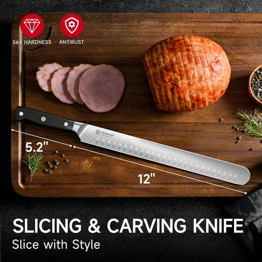 Brisket Knife, 12‘’ Carving & Slicing Knife with Ergonomic Handle, German High-Carbon Steel, Sheath Included, Razor Sharp for Meat, Roasts, BBQ, Turkey, Grilling Gifts for Men