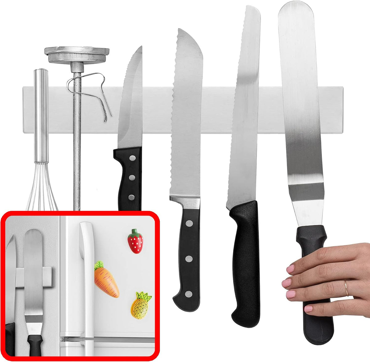 12 Inch Magnetic Knife Holder for Refrigerator, Magnetic Knife Holders for Fridge or Kitchen Wall No Drilling, Magnet Strips for Knives & Metal Utensils, Tool Rack, Stainless Steel