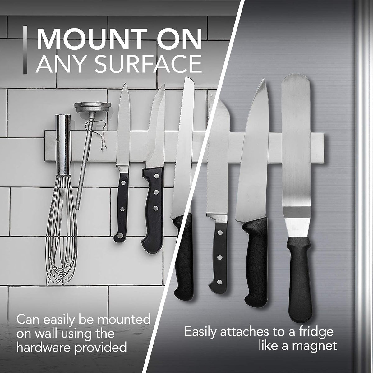 12 Inch Magnetic Knife Holder for Refrigerator, Magnetic Knife Holders for Fridge or Kitchen Wall No Drilling, Magnet Strips for Knives & Metal Utensils, Tool Rack, Stainless Steel