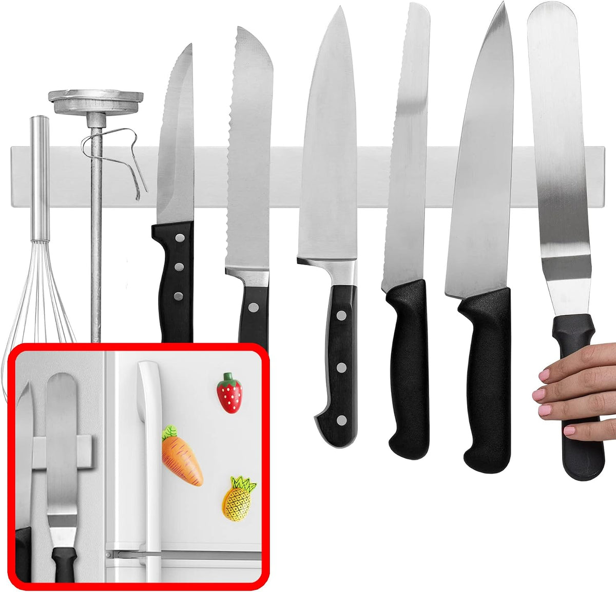 12 Inch Magnetic Knife Holder for Refrigerator, Magnetic Knife Holders for Fridge or Kitchen Wall No Drilling, Magnet Strips for Knives & Metal Utensils, Tool Rack, Stainless Steel