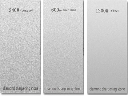 6.69*2.95in 3-piece set of diamond sharpening stones, tool grinding plates, and polishing stones are suitable for sharpening kitchen knives and removing dull, blunt or worn edges (240/600/1200 grit)