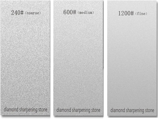 6.69*2.95in 3-piece set of diamond sharpening stones, tool grinding plates, and polishing stones are suitable for sharpening kitchen knives and removing dull, blunt or worn edges (240/600/1200 grit)