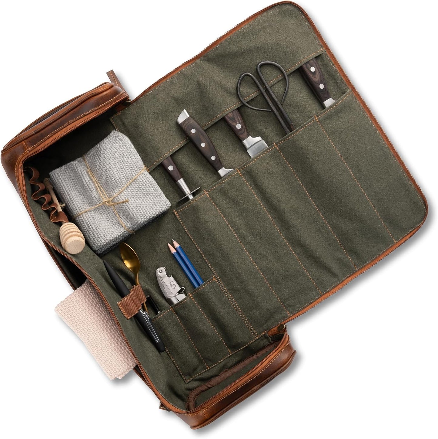 premium leather knife bag-case, XXL chef's roll bag with huge storage space and extras - waxed vintage buffalo leather, Arvid (Walnut-Brown)