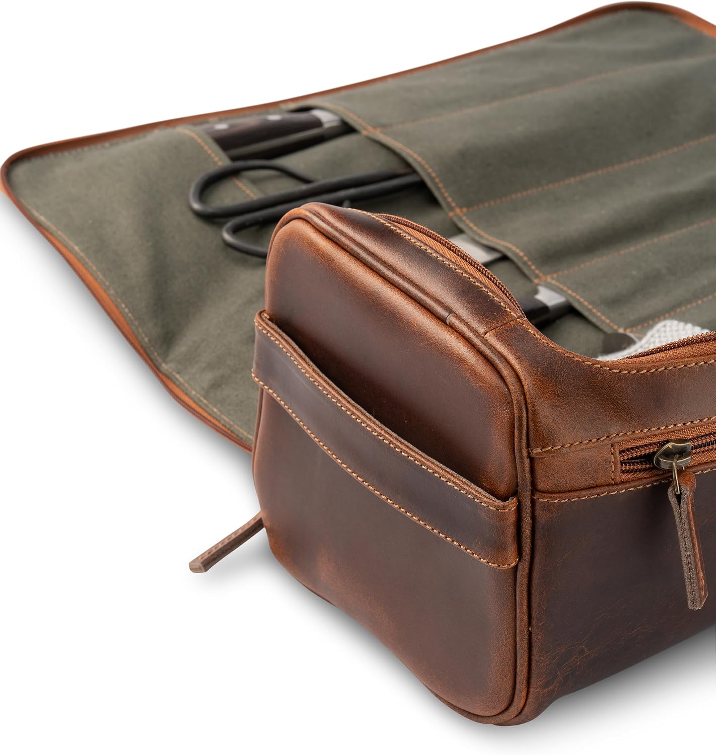 premium leather knife bag-case, XXL chef's roll bag with huge storage space and extras - waxed vintage buffalo leather, Arvid (Walnut-Brown)