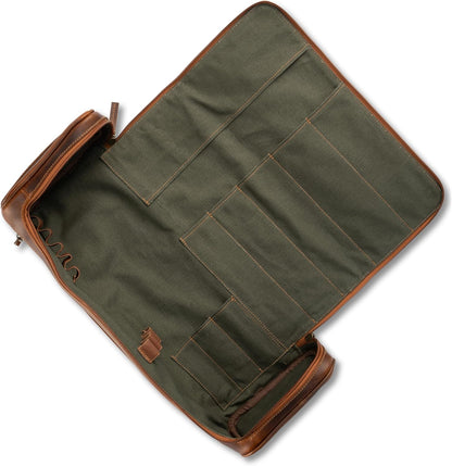 premium leather knife bag-case, XXL chef's roll bag with huge storage space and extras - waxed vintage buffalo leather, Arvid (Walnut-Brown)