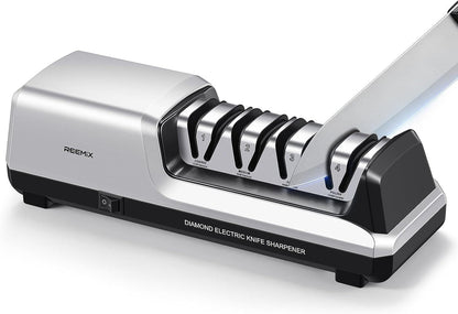 Electric Knife Sharpener with 4-Stage Sharpening | (Repair, Coarse, Medium, Fine & Polish), 20° Fixed Angle, Non-Slip Base & Metal Shavings Collector for Kitchen Knives, Sliver