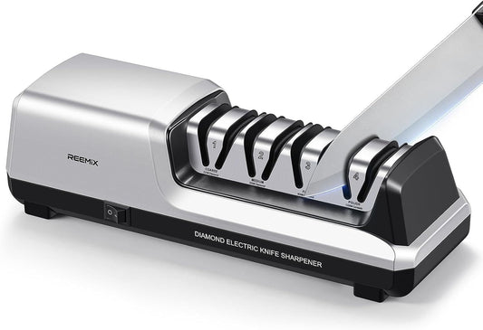 Electric Knife Sharpener with 4-Stage Sharpening | (Repair, Coarse, Medium, Fine & Polish), 20° Fixed Angle, Non-Slip Base & Metal Shavings Collector for Kitchen Knives, Sliver