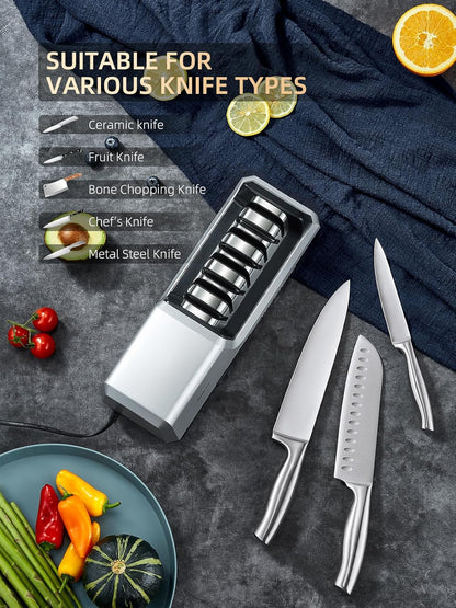 Electric Knife Sharpener with 4-Stage Sharpening | (Repair, Coarse, Medium, Fine & Polish), 20° Fixed Angle, Non-Slip Base & Metal Shavings Collector for Kitchen Knives, Sliver