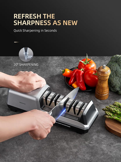 Electric Knife Sharpener with 4-Stage Sharpening | (Repair, Coarse, Medium, Fine & Polish), 20° Fixed Angle, Non-Slip Base & Metal Shavings Collector for Kitchen Knives, Sliver