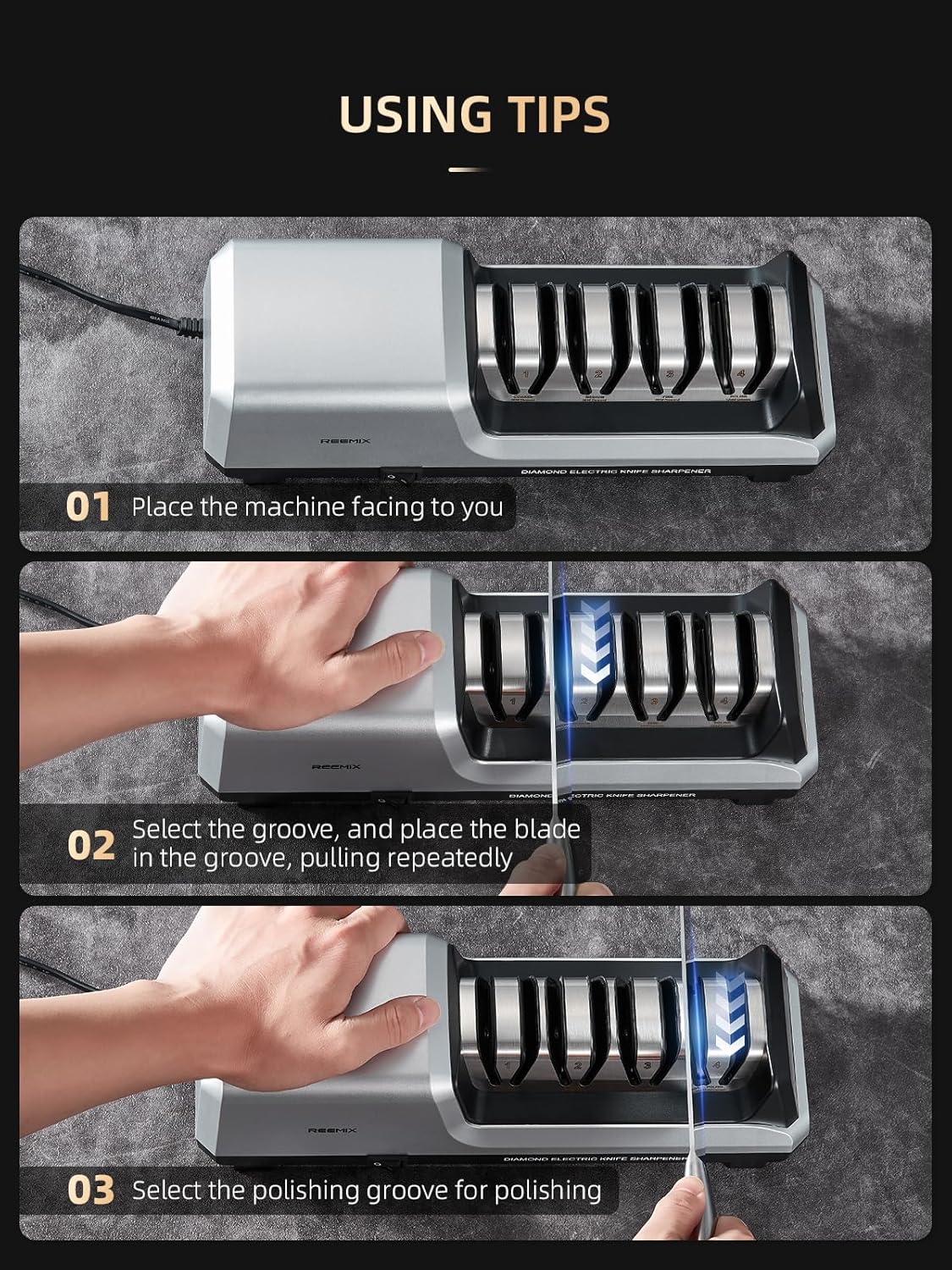 Electric Knife Sharpener with 4-Stage Sharpening | (Repair, Coarse, Medium, Fine & Polish), 20° Fixed Angle, Non-Slip Base & Metal Shavings Collector for Kitchen Knives, Sliver