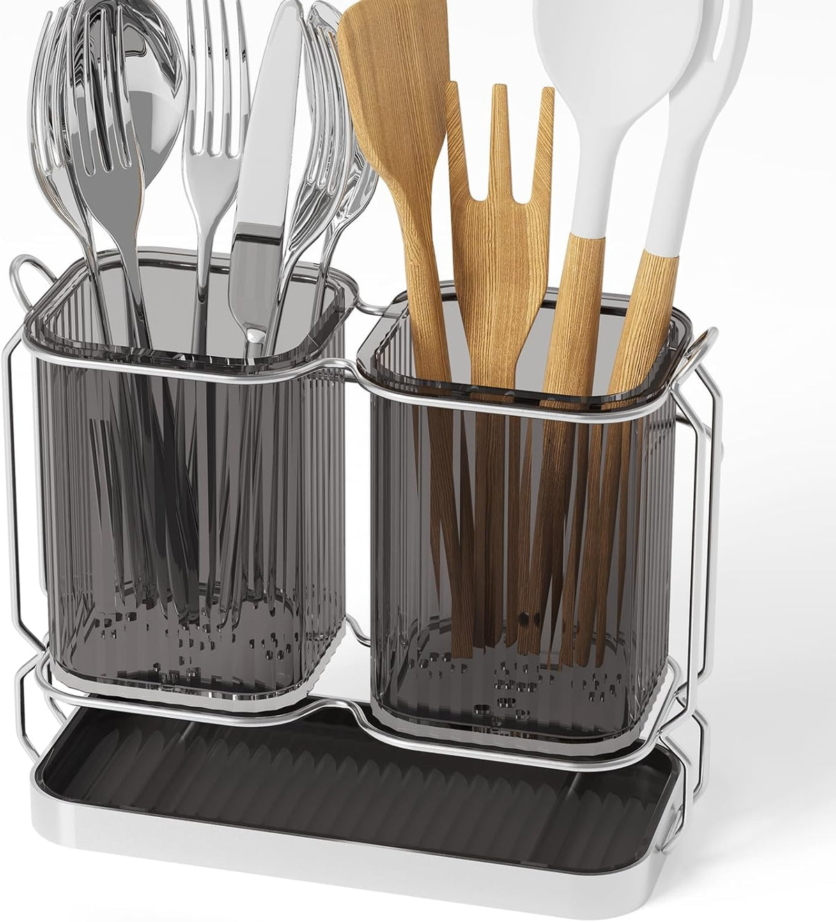 Utensil Holder Counter, 6.7" Plastic Silverware Caddy, Utensil Holder for Party, 2 Cup Flatware Organizer for Kitchen Wall Mount, Forks Spoons Knives Storage with Drain Tray (Black)