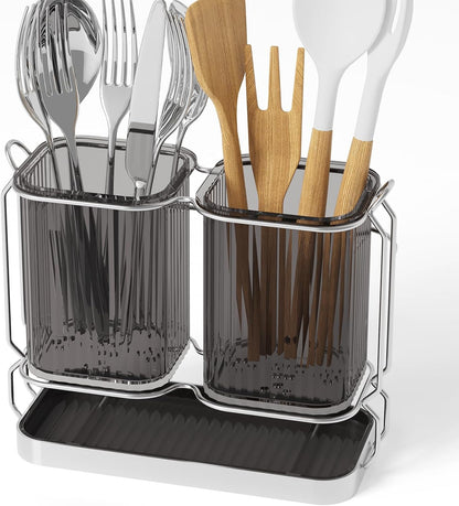 Utensil Holder Counter, 6.7" Plastic Silverware Caddy, Utensil Holder for Party, 2 Cup Flatware Organizer for Kitchen Wall Mount, Forks Spoons Knives Storage with Drain Tray (Black)