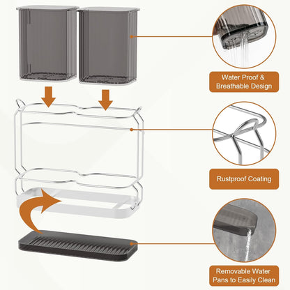 Utensil Holder Counter, 6.7" Plastic Silverware Caddy, Utensil Holder for Party, 2 Cup Flatware Organizer for Kitchen Wall Mount, Forks Spoons Knives Storage with Drain Tray (Black)