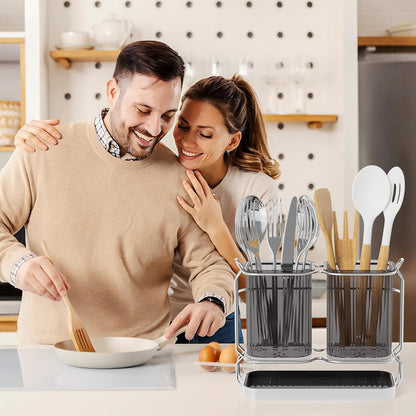 Utensil Holder Counter, 6.7" Plastic Silverware Caddy, Utensil Holder for Party, 2 Cup Flatware Organizer for Kitchen Wall Mount, Forks Spoons Knives Storage with Drain Tray (Black)