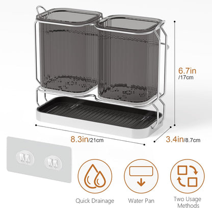 Utensil Holder Counter, 6.7" Plastic Silverware Caddy, Utensil Holder for Party, 2 Cup Flatware Organizer for Kitchen Wall Mount, Forks Spoons Knives Storage with Drain Tray (Black)