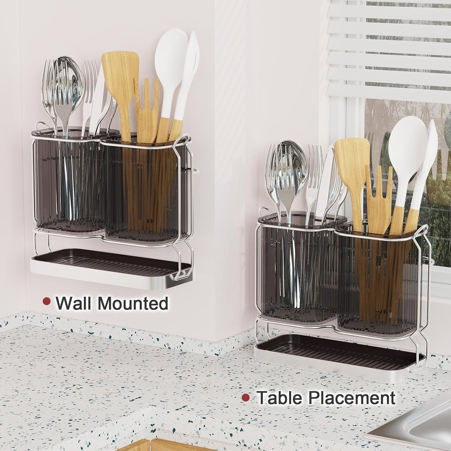 Utensil Holder Counter, 6.7" Plastic Silverware Caddy, Utensil Holder for Party, 2 Cup Flatware Organizer for Kitchen Wall Mount, Forks Spoons Knives Storage with Drain Tray (Black)