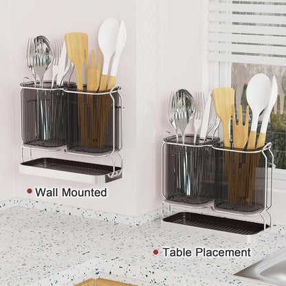 Utensil Holder Counter, 6.7" Plastic Silverware Caddy, Utensil Holder for Party, 2 Cup Flatware Organizer for Kitchen Wall Mount, Forks Spoons Knives Storage with Drain Tray (Black)