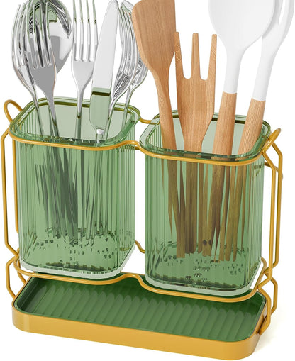 Utensil Holder Counter, 6.7" Plastic Silverware Caddy, Utensil Holder for Party, 2 Cup Flatware Organizer for Kitchen Wall Mount, Forks Spoons Knives Storage with Drain Tray (Black)