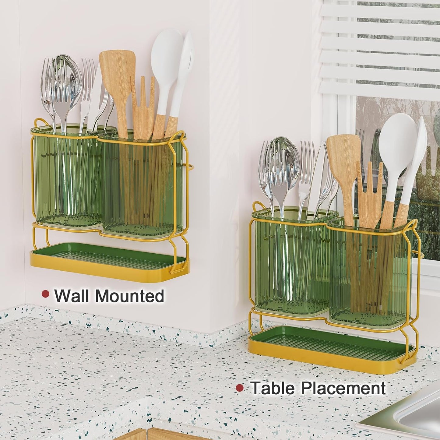 Utensil Holder Counter, 6.7" Plastic Silverware Caddy, Utensil Holder for Party, 2 Cup Flatware Organizer for Kitchen Wall Mount, Forks Spoons Knives Storage with Drain Tray (Black)