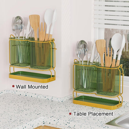Utensil Holder Counter, 6.7" Plastic Silverware Caddy, Utensil Holder for Party, 2 Cup Flatware Organizer for Kitchen Wall Mount, Forks Spoons Knives Storage with Drain Tray (Black)