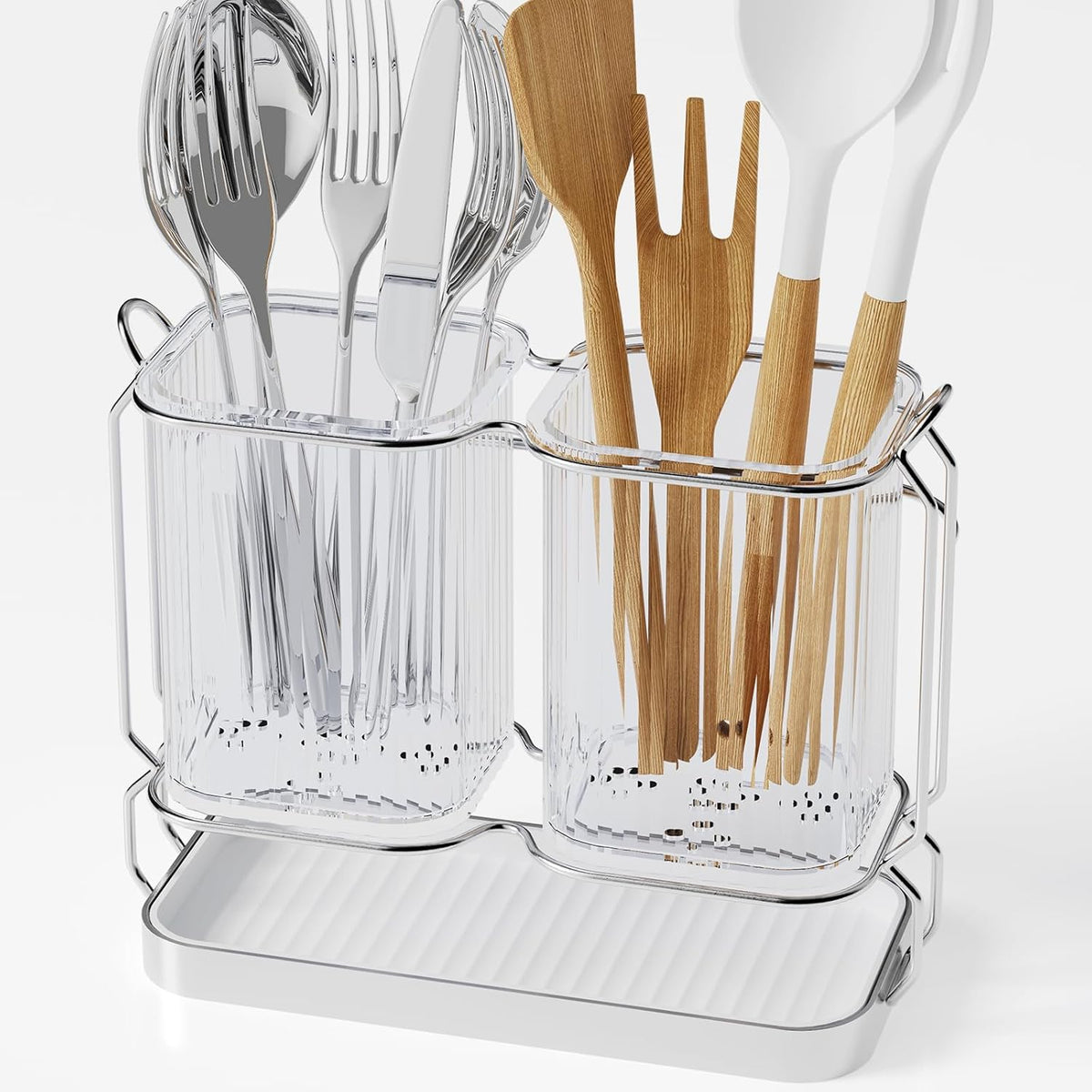 Utensil Holder Counter, 6.7" Plastic Silverware Caddy, Utensil Holder for Party, 2 Cup Flatware Organizer for Kitchen Wall Mount, Forks Spoons Knives Storage with Drain Tray (Black)