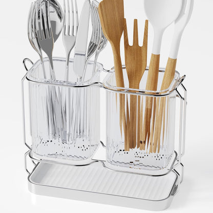 Utensil Holder Counter, 6.7" Plastic Silverware Caddy, Utensil Holder for Party, 2 Cup Flatware Organizer for Kitchen Wall Mount, Forks Spoons Knives Storage with Drain Tray (Black)