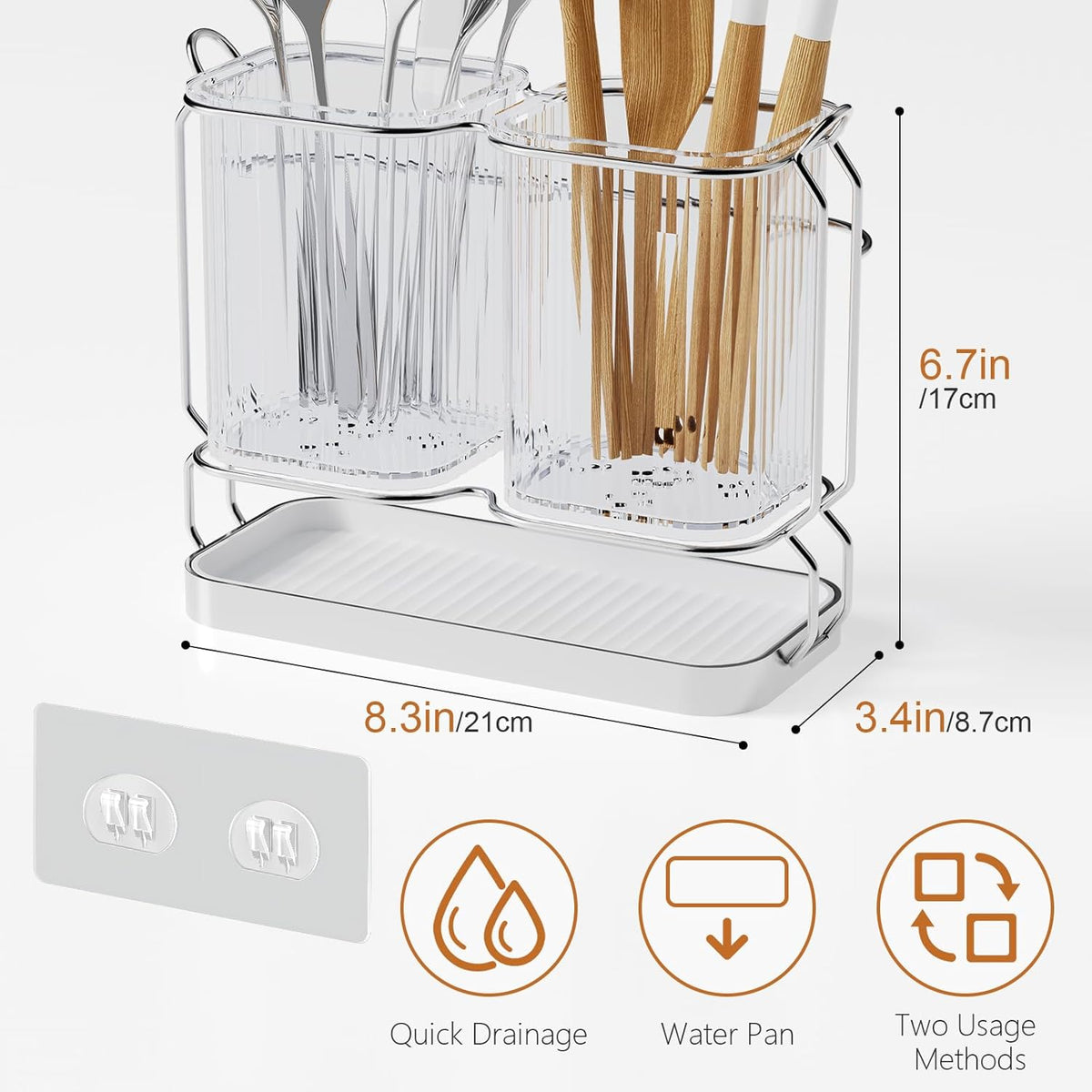 Utensil Holder Counter, 6.7" Plastic Silverware Caddy, Utensil Holder for Party, 2 Cup Flatware Organizer for Kitchen Wall Mount, Forks Spoons Knives Storage with Drain Tray (Black)